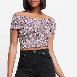 Express FLORAL SMOCKED OFF THE SHOULDER WRAP CROPPED TOP XS